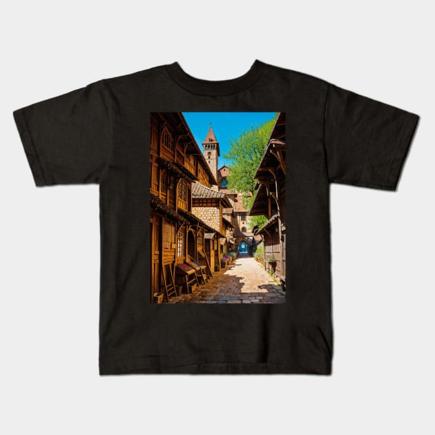 Medieval Market in an Idyllic Village Kids T-Shirt by CursedContent